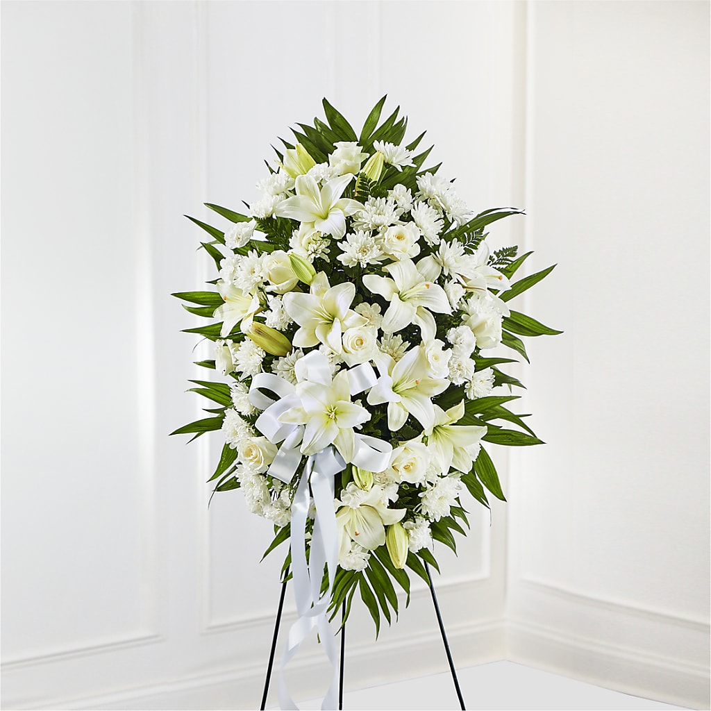 Exquisite Tribute Standing Spray-White Ribbon – LAKELINE FLORIST & GIFTS, Austin TX