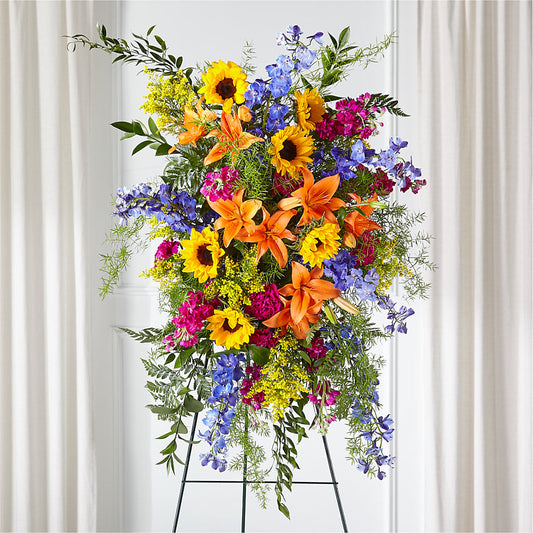 Sunlit Memories Standing Spray (Standard) – LAKELINE FLORIST & GIFTS, Austin TX